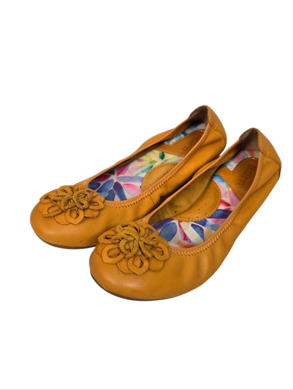 Born Womens Mustard Leather Floral Ballet Flats